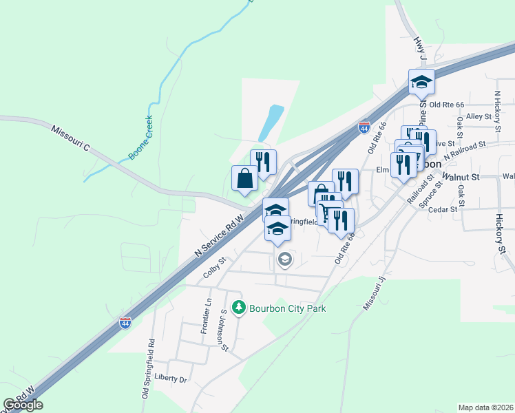 map of restaurants, bars, coffee shops, grocery stores, and more near 75 North Service Road West in Bourbon