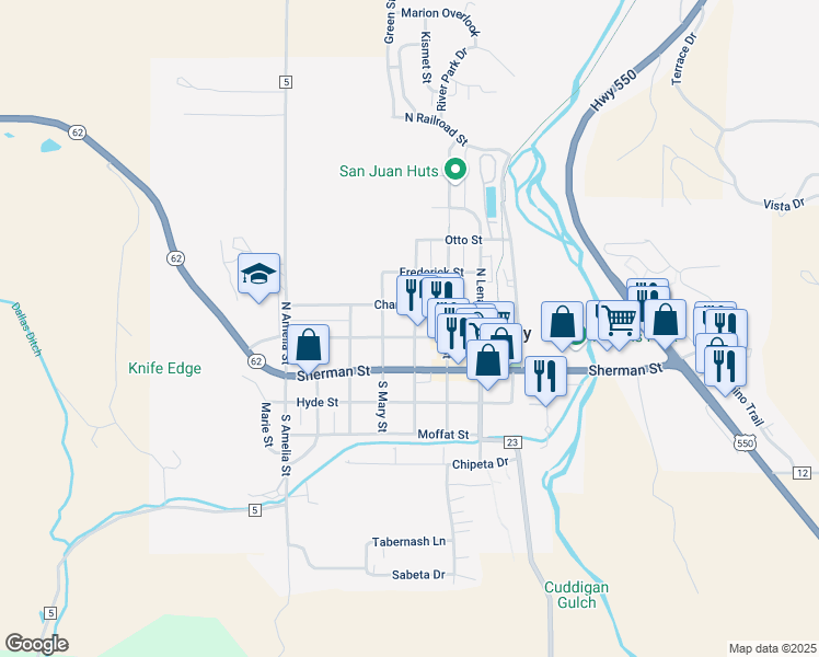 map of restaurants, bars, coffee shops, grocery stores, and more near in Ridgway