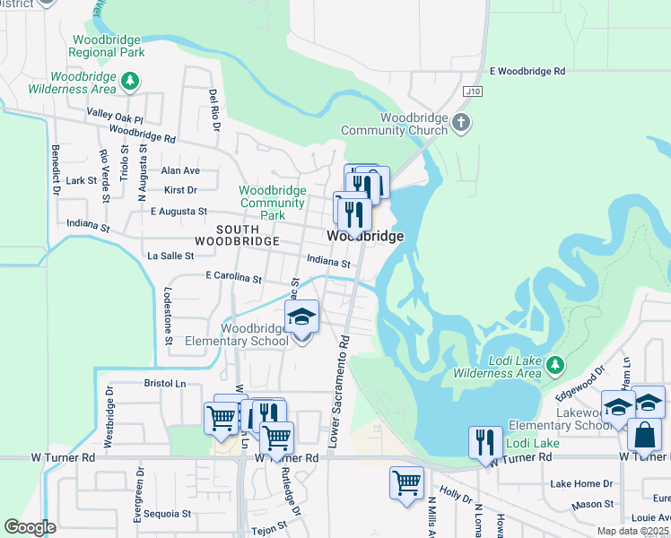 map of restaurants, bars, coffee shops, grocery stores, and more near 1060 Indiana Street in Woodbridge