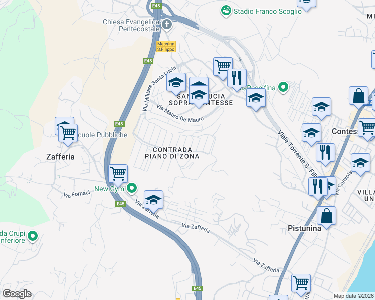 map of restaurants, bars, coffee shops, grocery stores, and more near 26 Via delle rose in Messina