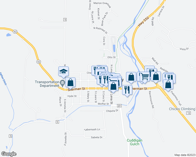 map of restaurants, bars, coffee shops, grocery stores, and more near 675 Clinton Street in Ridgway
