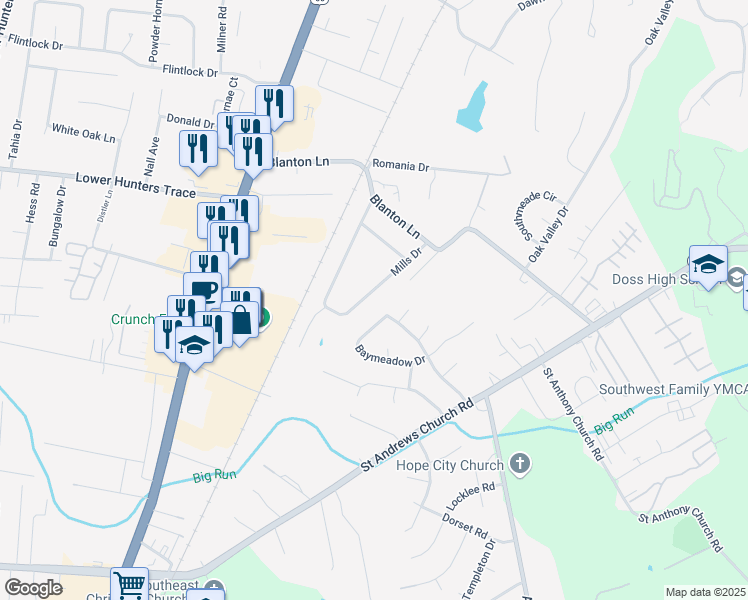 map of restaurants, bars, coffee shops, grocery stores, and more near 170 Mills Drive in Louisville