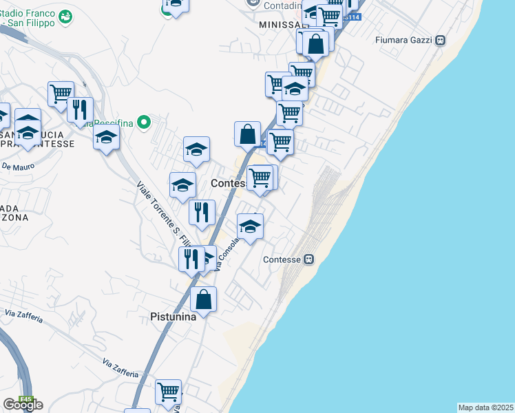 map of restaurants, bars, coffee shops, grocery stores, and more near 422 Via Consolare Valeria in Messina