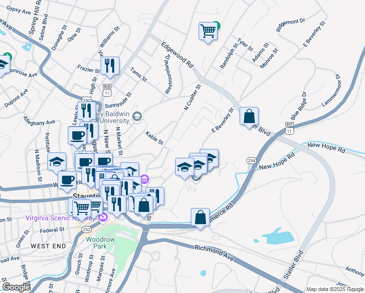map of restaurants, bars, coffee shops, grocery stores, and more near 299 Sherwood Avenue in Staunton