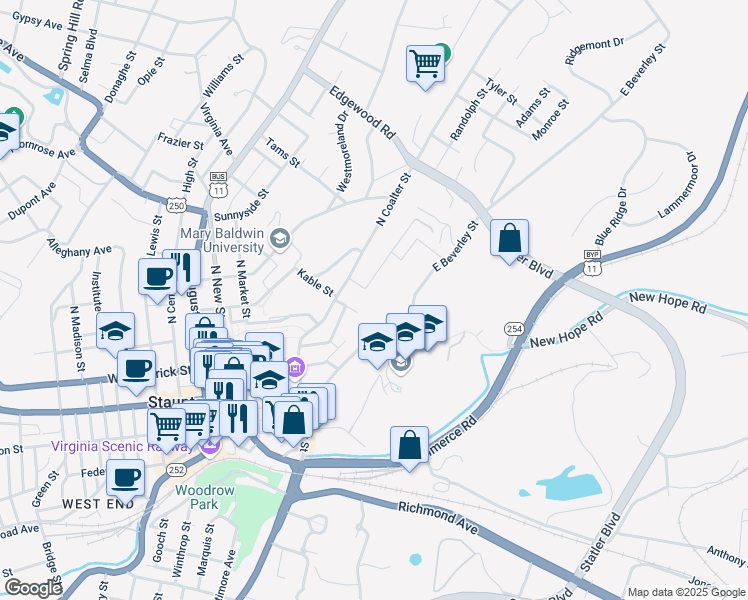 map of restaurants, bars, coffee shops, grocery stores, and more near 299 Sherwood Avenue in Staunton