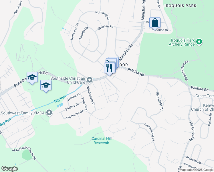 map of restaurants, bars, coffee shops, grocery stores, and more near 7345 Saint Andrews Church Road in Louisville
