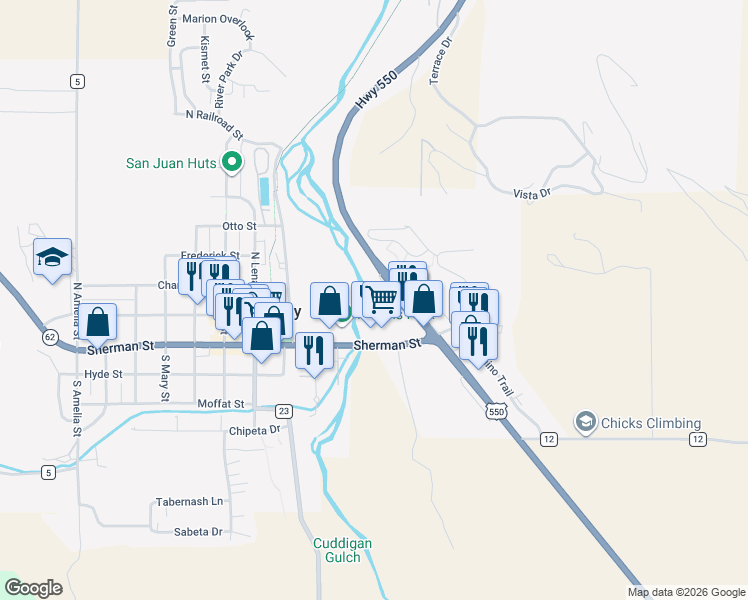 map of restaurants, bars, coffee shops, grocery stores, and more near 185 Sherman Street in Ridgway