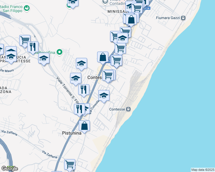 map of restaurants, bars, coffee shops, grocery stores, and more near 422 Via Consolare Valeria in Messina