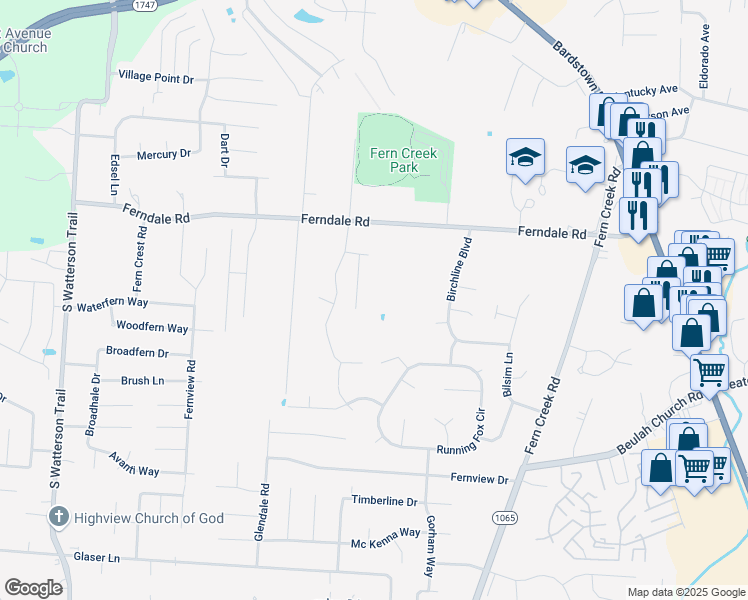 map of restaurants, bars, coffee shops, grocery stores, and more near 8508 Ferndale Road in Louisville