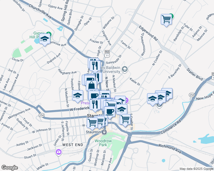 map of restaurants, bars, coffee shops, grocery stores, and more near 10 Academy Street in Staunton