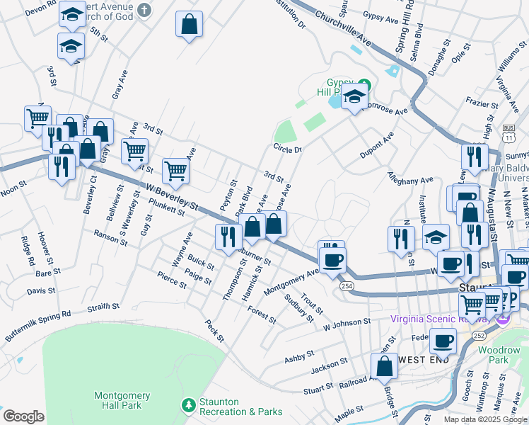 map of restaurants, bars, coffee shops, grocery stores, and more near 11 Lake Avenue in Staunton