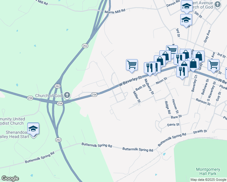 map of restaurants, bars, coffee shops, grocery stores, and more near 2614 Hanover St in Staunton