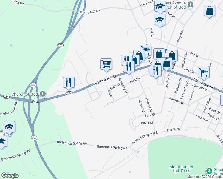 map of restaurants, bars, coffee shops, grocery stores, and more near 2522 Bath Street in Staunton