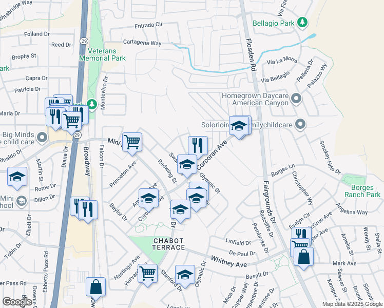 map of restaurants, bars, coffee shops, grocery stores, and more near 106 Fieldstone Way in Vallejo