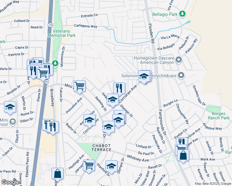 map of restaurants, bars, coffee shops, grocery stores, and more near 106 Fieldstone Way in Vallejo