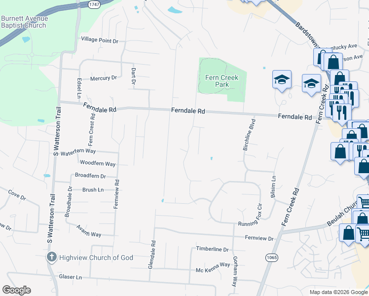 map of restaurants, bars, coffee shops, grocery stores, and more near 6535 Renate Road in Louisville