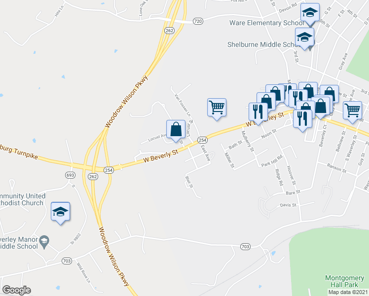 map of restaurants, bars, coffee shops, grocery stores, and more near West Beverly Street in Staunton