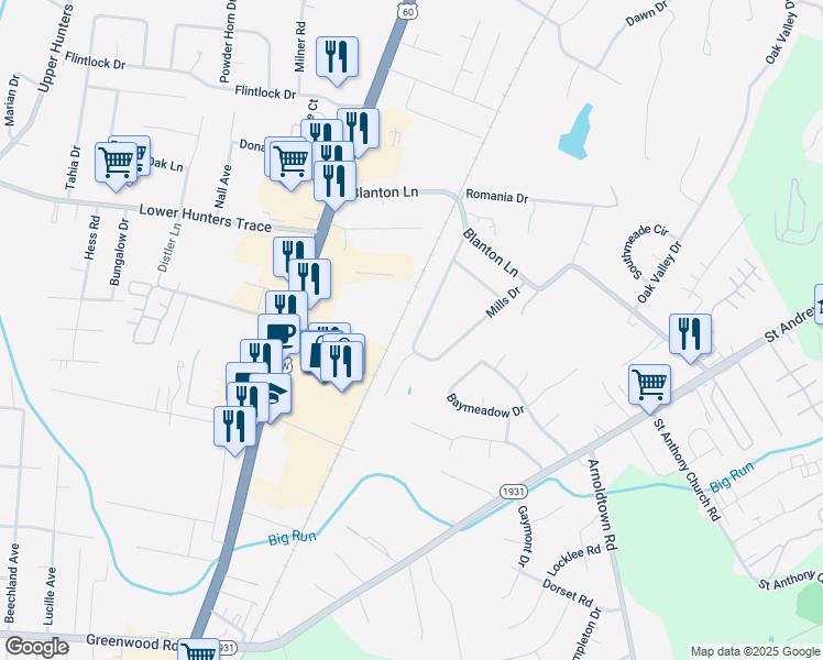 map of restaurants, bars, coffee shops, grocery stores, and more near 146 Mills Drive in Louisville