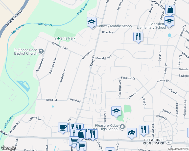 map of restaurants, bars, coffee shops, grocery stores, and more near 8518 River Terrace Drive in Louisville