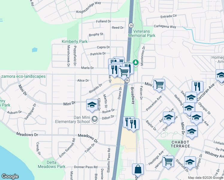 map of restaurants, bars, coffee shops, grocery stores, and more near 206 Melba Drive in Vallejo