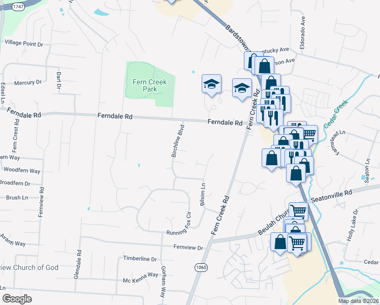 map of restaurants, bars, coffee shops, grocery stores, and more near 8710 Birchline Court in Louisville