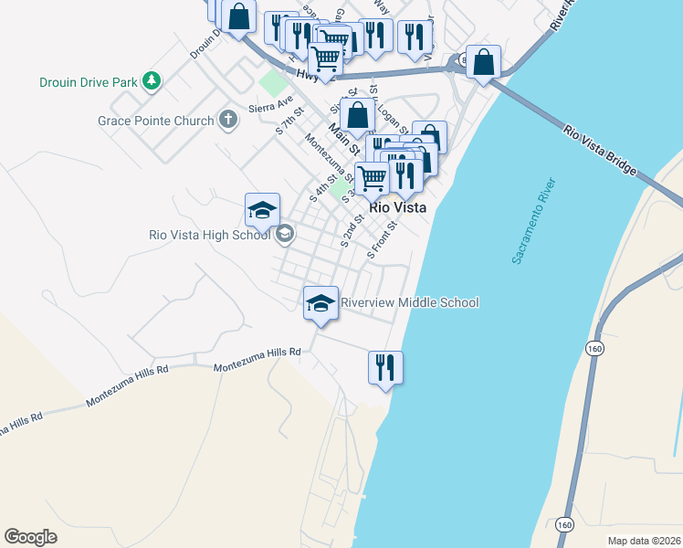 map of restaurants, bars, coffee shops, grocery stores, and more near 125 Bruning Avenue in Rio Vista