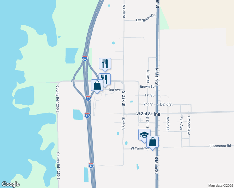 map of restaurants, bars, coffee shops, grocery stores, and more near Parkhill Street in Ina