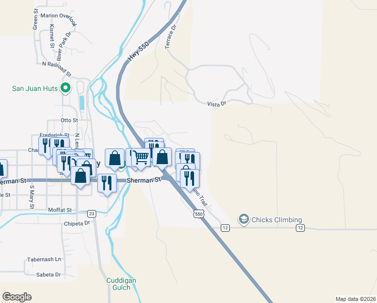 map of restaurants, bars, coffee shops, grocery stores, and more near 120 Redcliff Dr in Ridgway