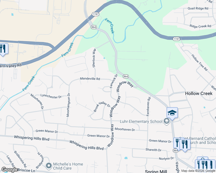 map of restaurants, bars, coffee shops, grocery stores, and more near 6600 Mandeville Road in Louisville