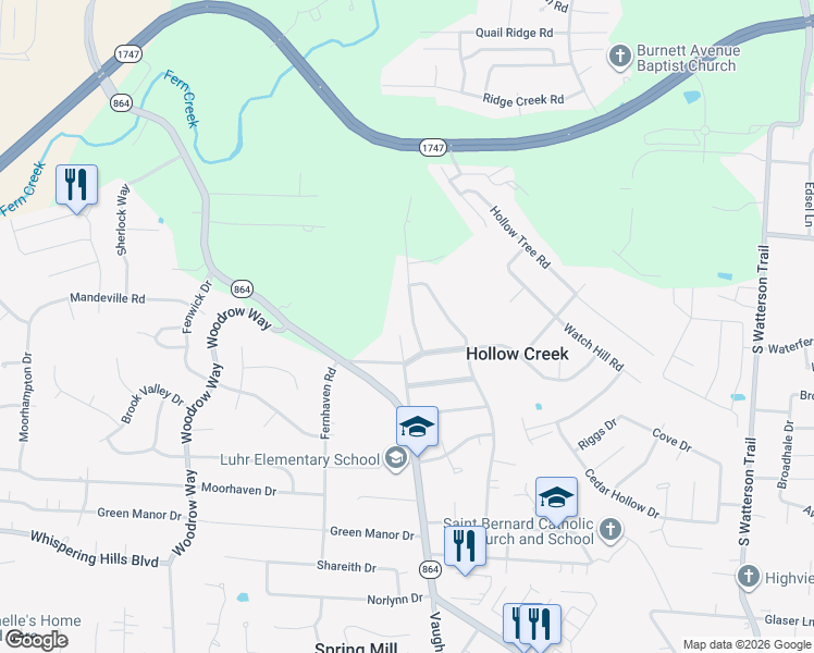 map of restaurants, bars, coffee shops, grocery stores, and more near 6504 Ridge Cliff Road in Louisville