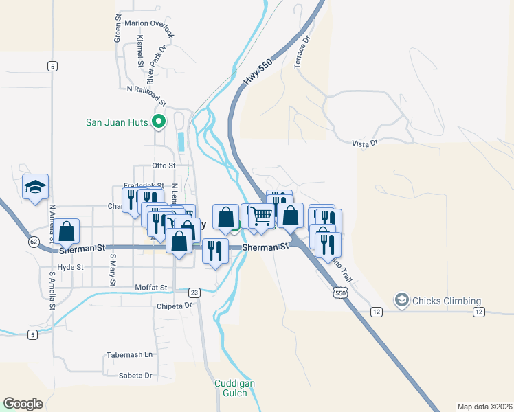 map of restaurants, bars, coffee shops, grocery stores, and more near 23424-23466 U.S. 550 in Ridgway