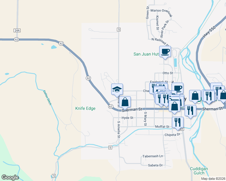 map of restaurants, bars, coffee shops, grocery stores, and more near 1115 Clinton Street in Ridgway