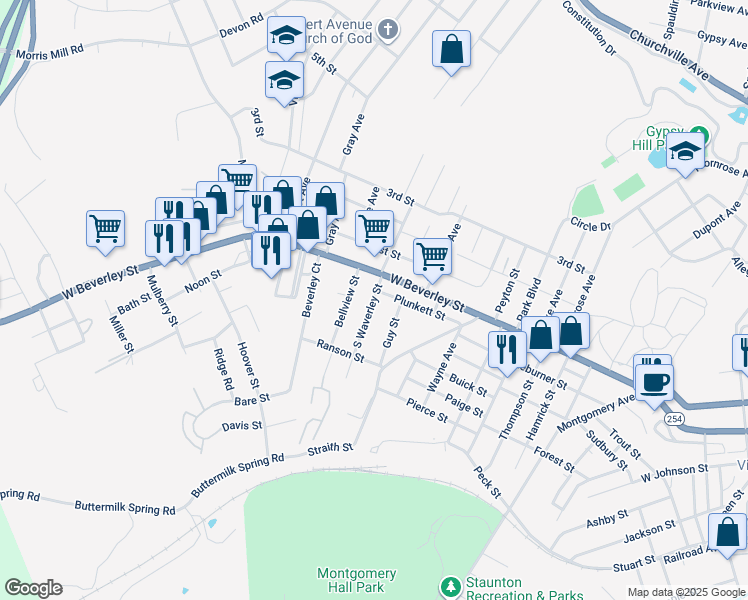 map of restaurants, bars, coffee shops, grocery stores, and more near 80 South Waverly Street in Staunton
