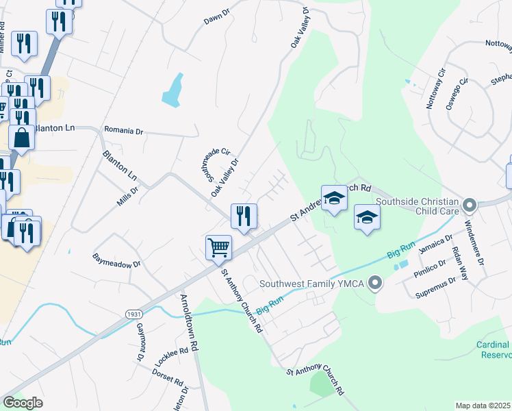 map of restaurants, bars, coffee shops, grocery stores, and more near 6900 Brooklawn Drive in Louisville