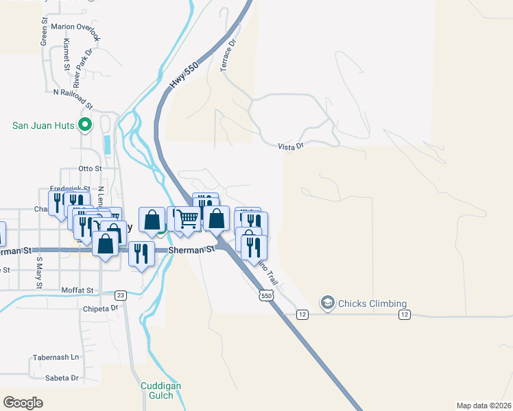 map of restaurants, bars, coffee shops, grocery stores, and more near 120 Redcliff Dr in Ridgway