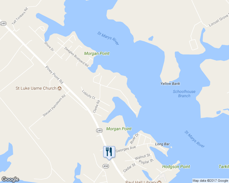 map of restaurants, bars, coffee shops, grocery stores, and more near 17780 Clarke Road in Tall Timbers