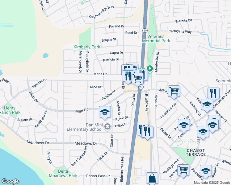 map of restaurants, bars, coffee shops, grocery stores, and more near 207 Rinaldo Drive in Vallejo