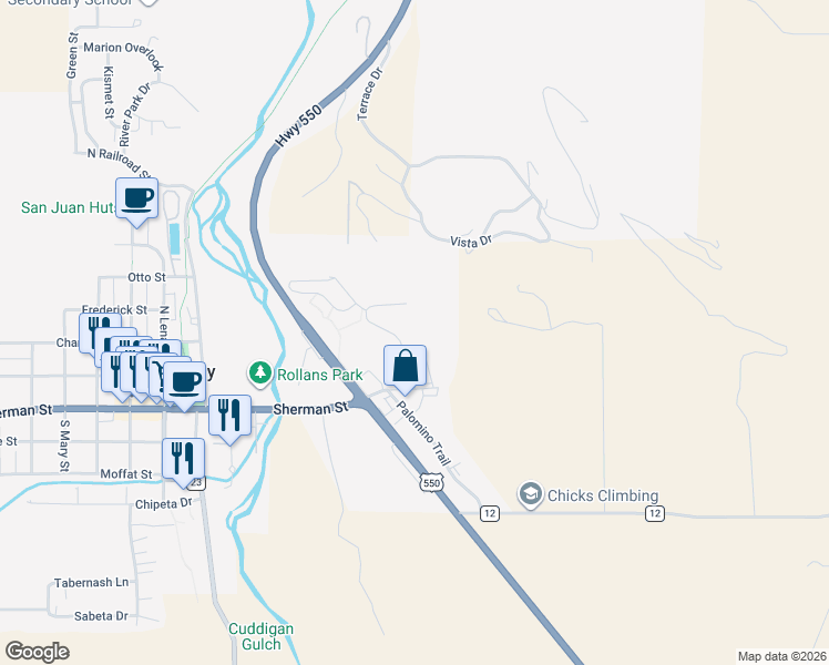 map of restaurants, bars, coffee shops, grocery stores, and more near 120 Redcliff Dr in Ridgway