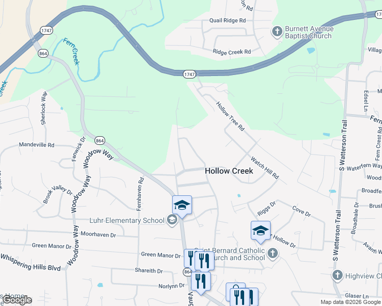 map of restaurants, bars, coffee shops, grocery stores, and more near 6512 Downs Branch Road in Louisville