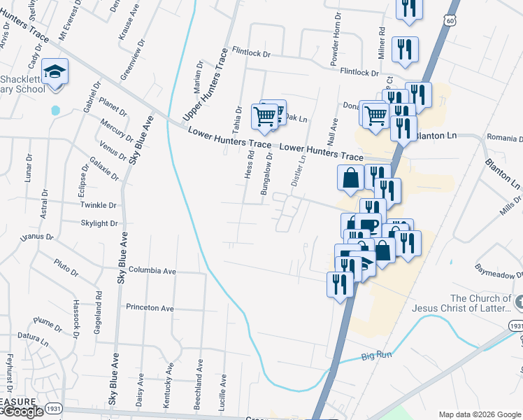 map of restaurants, bars, coffee shops, grocery stores, and more near 4718 Goepper Road in Louisville