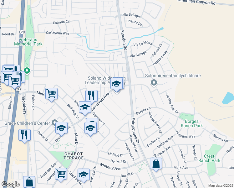 map of restaurants, bars, coffee shops, grocery stores, and more near 1025 Corcoran Avenue in Vallejo