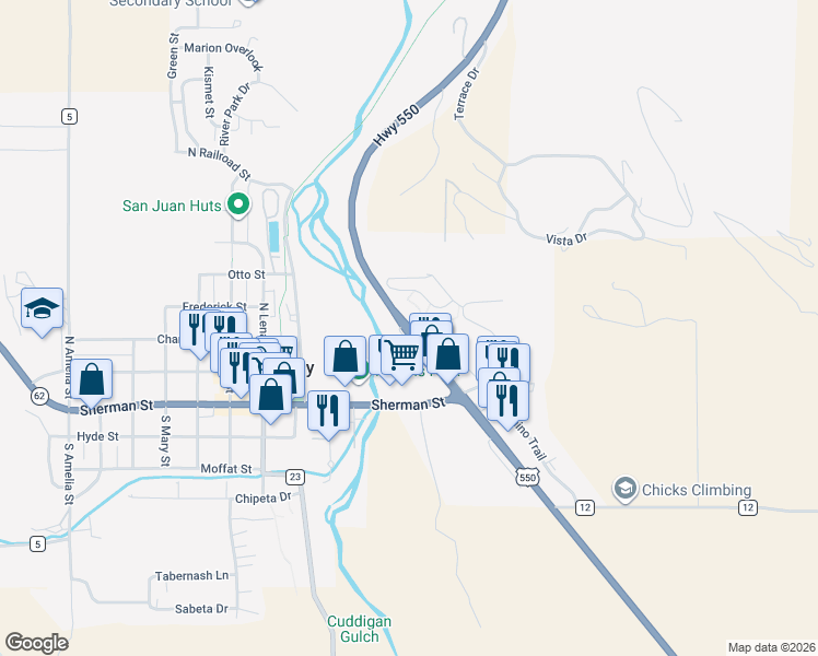 map of restaurants, bars, coffee shops, grocery stores, and more near 23424 U.S. 550 in Ridgway