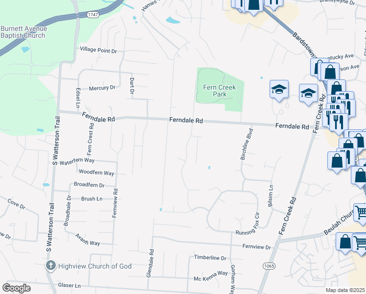 map of restaurants, bars, coffee shops, grocery stores, and more near 6452 Renate Road in Louisville