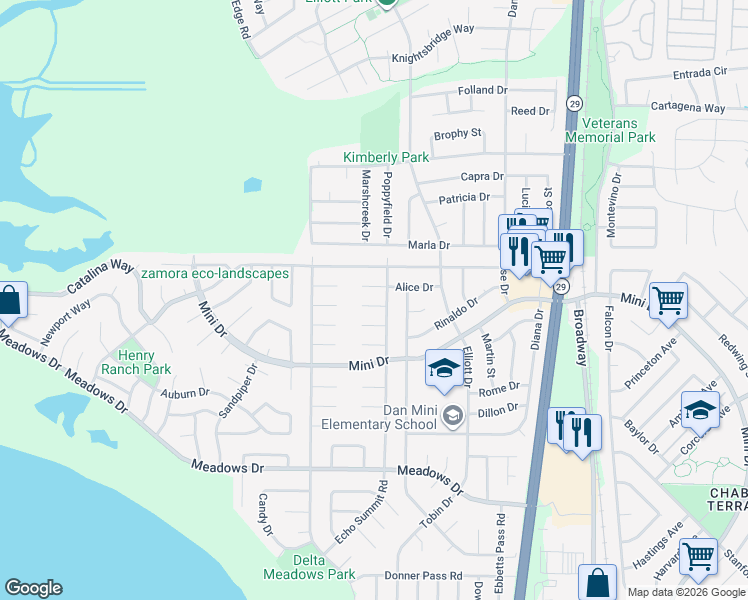 map of restaurants, bars, coffee shops, grocery stores, and more near 130 Kennison Court in Vallejo