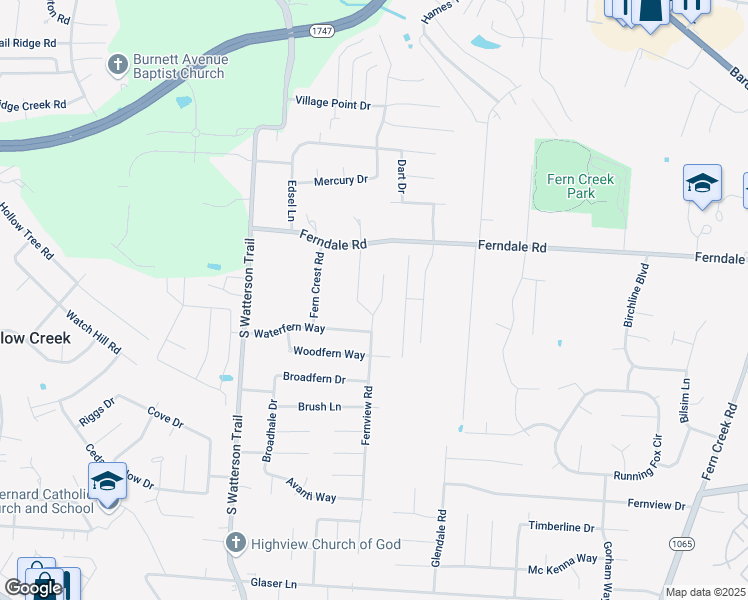 map of restaurants, bars, coffee shops, grocery stores, and more near 6406 Fernview Road in Louisville