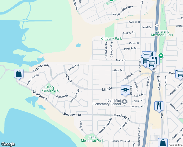 map of restaurants, bars, coffee shops, grocery stores, and more near 1315 Jack London Drive in Vallejo