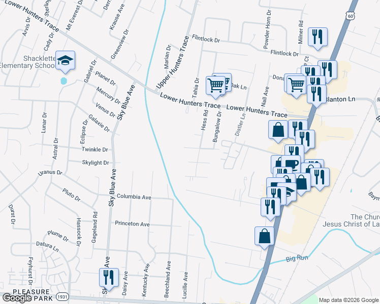 map of restaurants, bars, coffee shops, grocery stores, and more near 4812 Goepper Road in Louisville