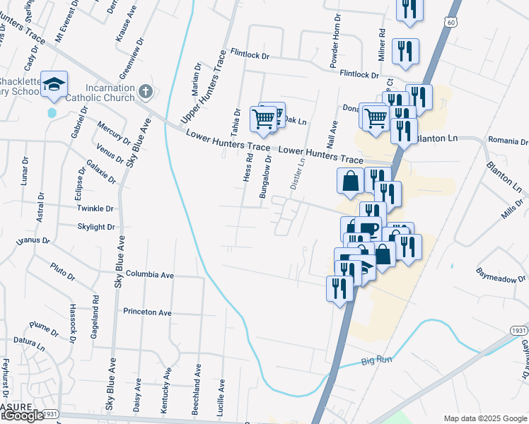 map of restaurants, bars, coffee shops, grocery stores, and more near 4706 Goepper Road in Louisville