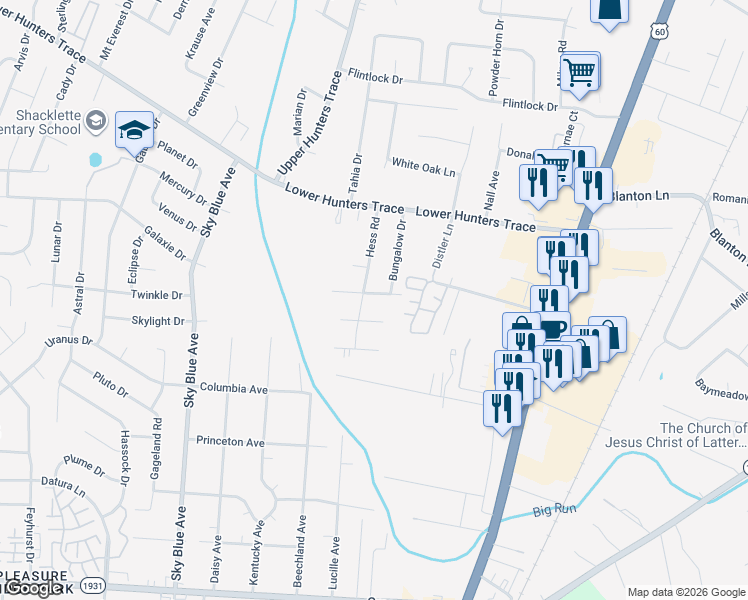map of restaurants, bars, coffee shops, grocery stores, and more near 4718 Goepper Road in Louisville