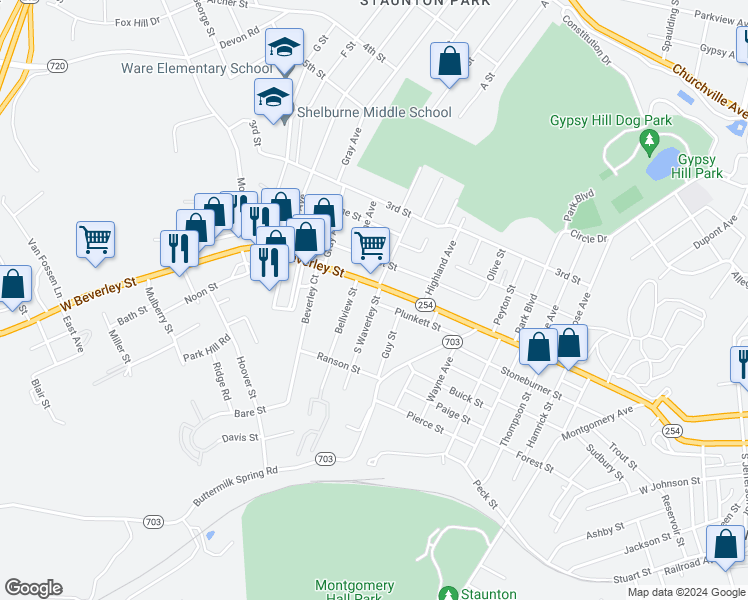 map of restaurants, bars, coffee shops, grocery stores, and more near 80 South Waverly Street in Staunton